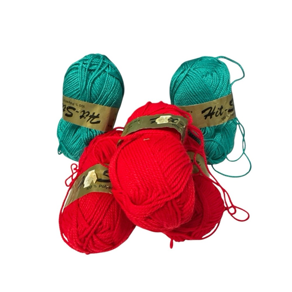 5 Skeins Vtg Hit-Star 100% Polyacryl  RED + TEAL ‎ YARN 115m/50g Color 438 160